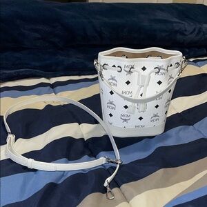 MCM White leather Crossbody Bag with adjustable shoulder and top handle straps